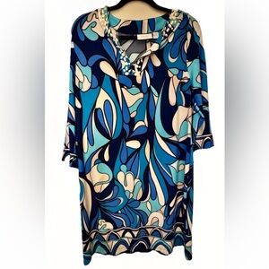 🩵CHICO’S🩵 60’S PSYCHEDELIC BEADED NECK LINE 3/4 SLEEVE SHIFT DRESS